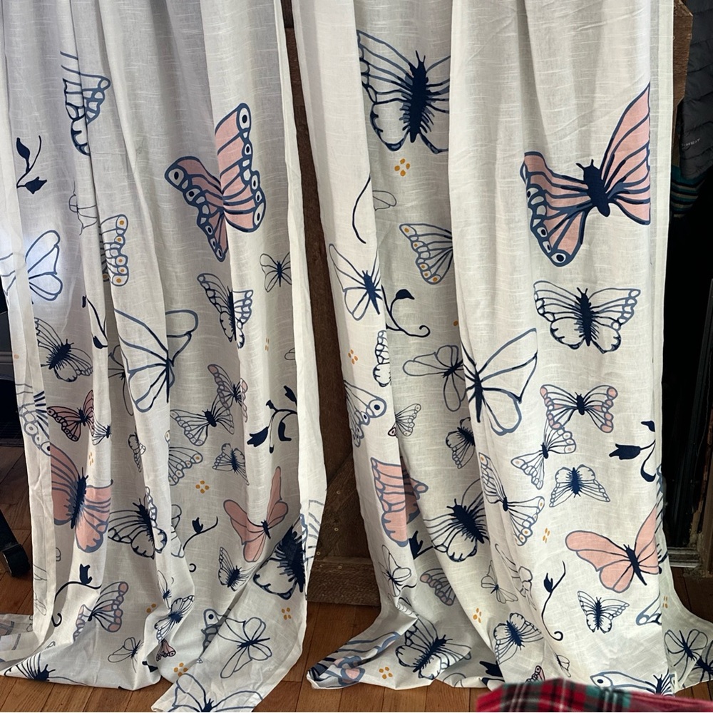 Anthropologie Style Butterfly Print Sheer Curtains White with Navy and Blush